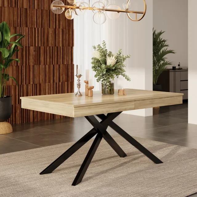 MEUNIQ uitklapbare eettafel 140/180 x 80 cm, rechthoekig, MDF blad, metalen X-poten, 6-8 personen, eetkamer, eiken Oak