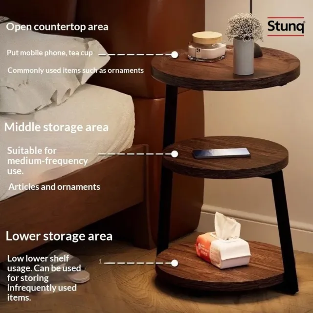 Stunq Ronde Bijzettafel 3-Laags Walnoot Hout Zwart Frame Bruin