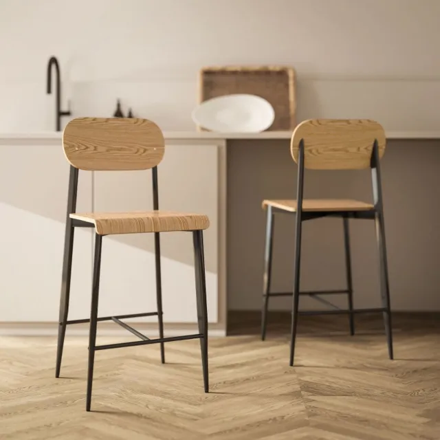 CHICFURN Barkruk - Rugleuning - Voetsteun - Metalen frame - Naturel hout Natuurlijk hout