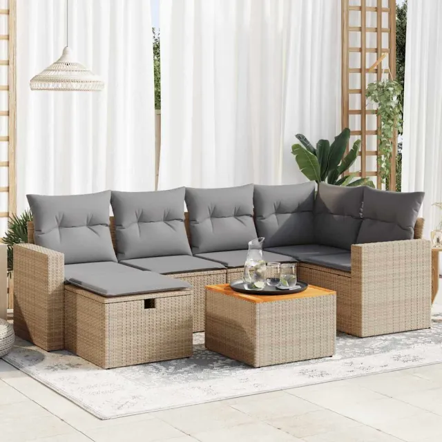 vidaXL 7-delige Loungeset met kussens poly rattan beige, foto 2