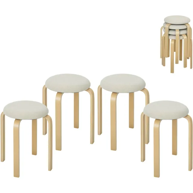 Homona Stapelbare krukken - Set van 4 - Met gestoffeerde zitting en berkenmultiplex onderstel - Met viltglijders - Ø40 x 45 cm - Crèmewit/Naturel