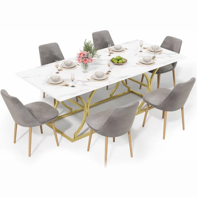 Ropilly Grote eettafel 200x80 cm - Voor 8 tot 10 personen - Marmerlook tafelblad - Gouden metalen poten - Voor eetkamer en woonkamer - Wit met goudkleurig metaal Wit + Goud