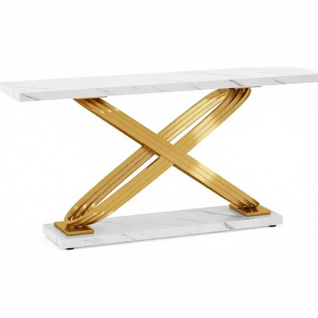 REDOM Sidetable - Wit kunstmarmer tafelblad - X-vormig metalen frame - Design - Voor woonkamer, hal en kantoor - Metaal en hout - Goud en Wit - 140 x 35 x 80 cm Goud+Wit