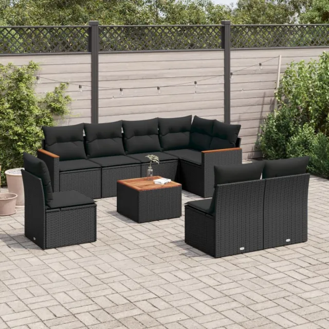 vidaXL 9-delige Loungeset met kussens poly rattan zwart, foto 2