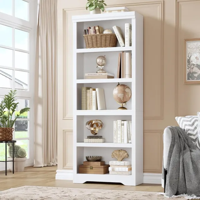 HOERFURIY Hoge Boekenkast met 5 Planken - Witte Open Vakkenkast met Verstelbare Planken - Opbergkast voor Woonkamer, Kantoor & Slaapkamer - ca. 175 cm Hoog