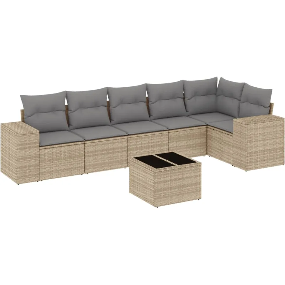 vidaXL 7-delige Loungeset met kussens poly rattan beige