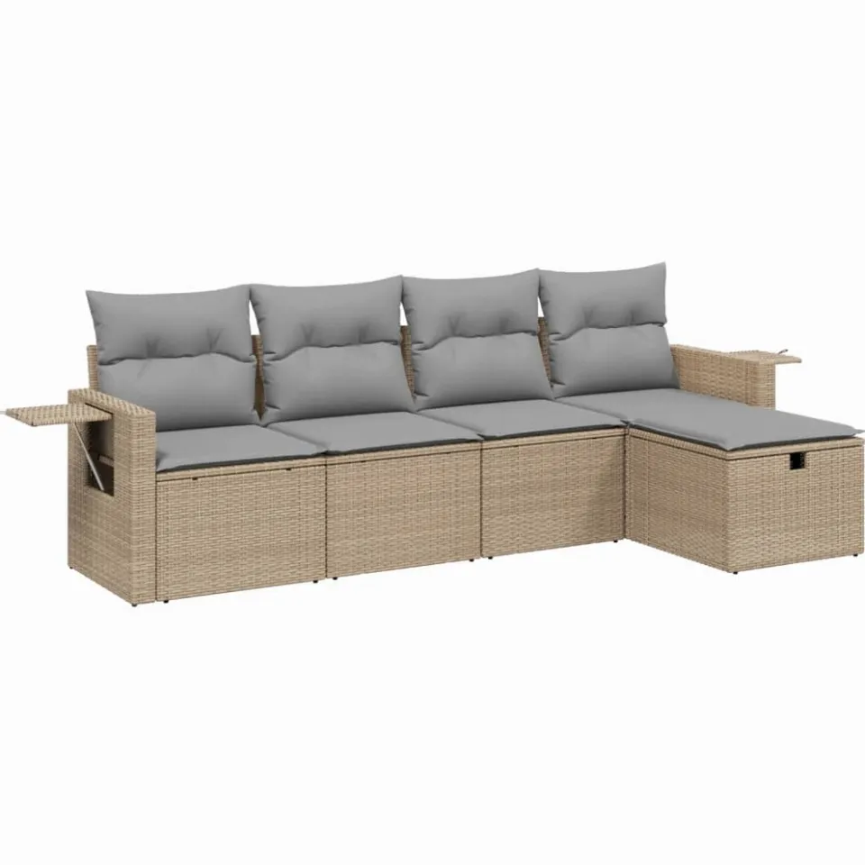 vidaXL 5-delige Loungeset met kussens poly rattan gemengd beige, foto 3