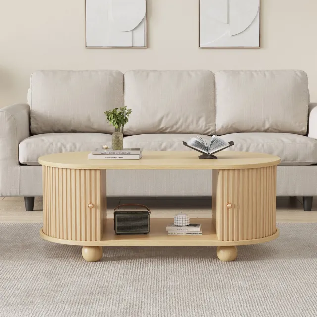 COVREO Salontafel 100 x 50 x 40 cm houtkleur MDF met opbergruimte en schuifdeuren Wood