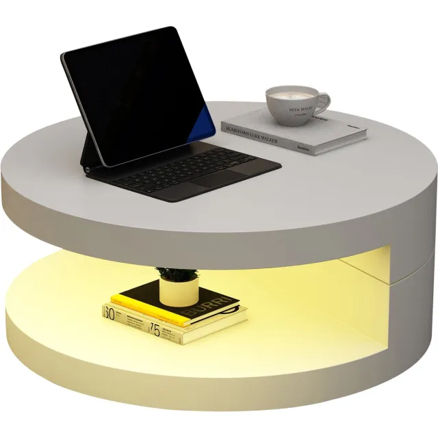 Merax Ronde Couchtisch 70 x 70 x 35,5 cm - 360° Draaibaar Bovenblad - LED Lichtstrip 16 Kleuren - 2 Laags Opbergruimte - MDF - Wit