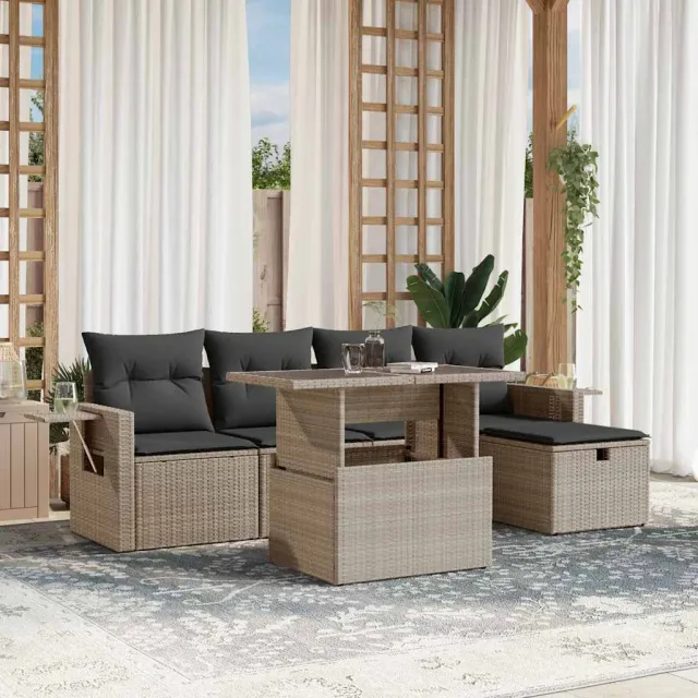 vidaXL 6-delige Loungeset met kussens poly rattan lichtgrijs grijs, foto 2