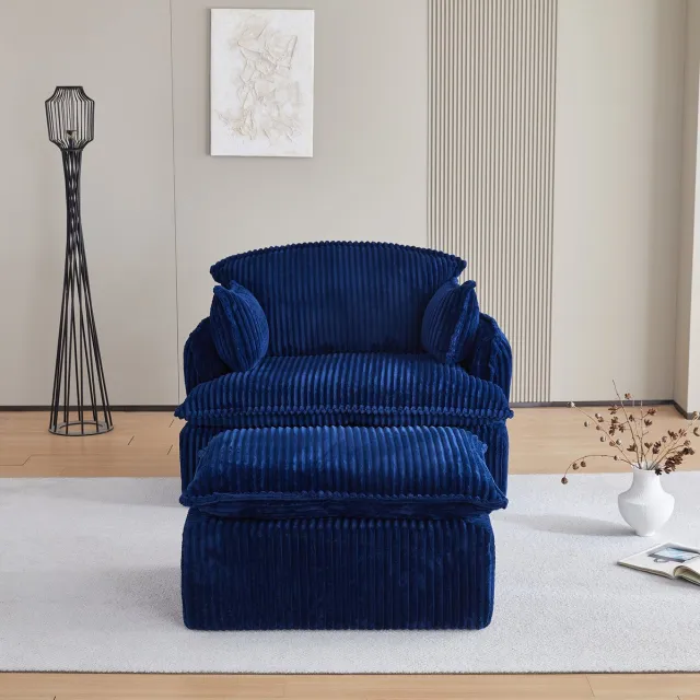 MODENUIT Fauteuil Met Hocker 115 x 89 x 77 cm - Corduroy Stof - 1-Zits - Voor Woonkamer En Studentenkamer - Blauw Blue