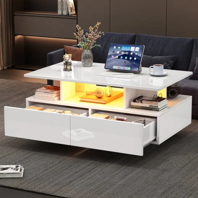Maisentiel Salontafel 90 x 55 x 41 cm met LED-verlichting, 2 lades, hoogglans, wit
