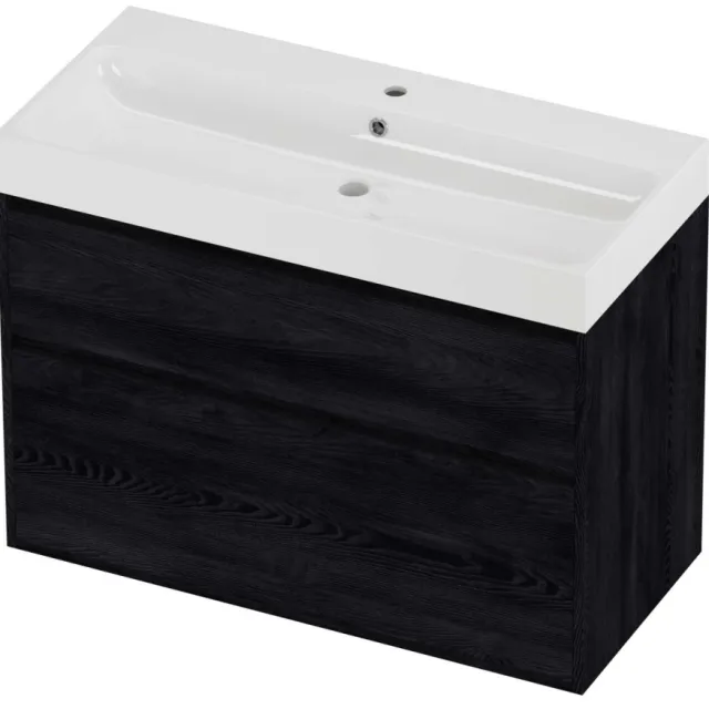 Proline Podium Badmeubelset Polystone Loft 1 Kraangat Greeploos 100x46x75 cm Glans Wit Black Oak Eiken