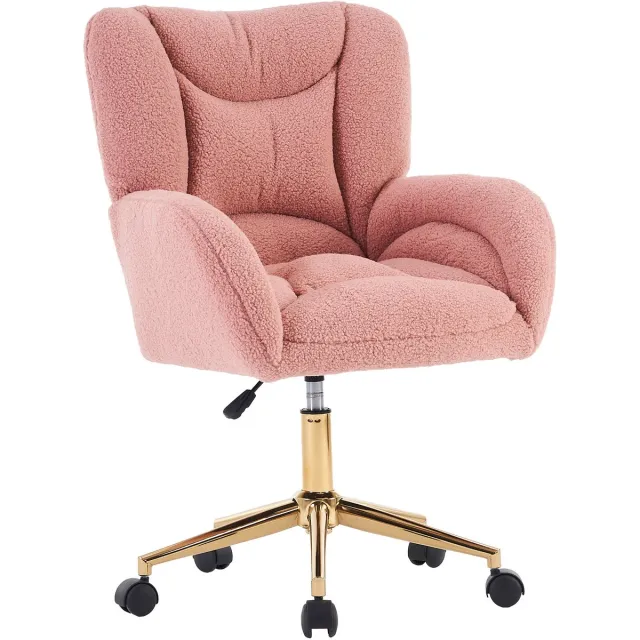 Ropilly Roze Bureaustoel - Teddy Draaistoel - In Hoogte Verstelbaar - Gouden Poten - 100kg Draaggewicht - Thuiswerkplek - 64x62x92,5cm - Roze lichtroze‌