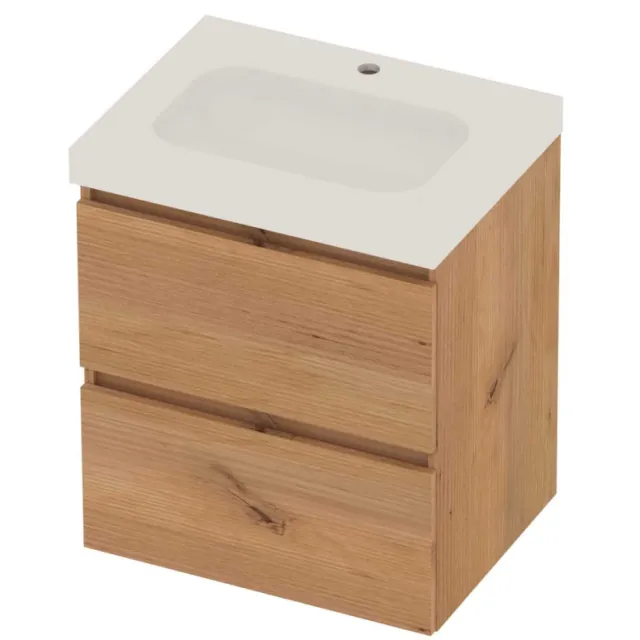 Basic-Line Moby 46 Badmeubelset Polystone 1 Kraangat Greeploos 60x46x66 cm Whisky Oak Glans Wit