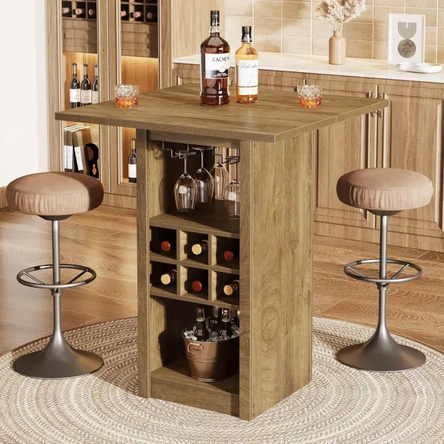 Tribesigns Vierkante Bartafel – Industriële Bartafel met 4 Etages – Wijnrek en Wijnglazenhouder – Ideaal voor Keuken, Woonkamer en Eetkamerrustiek – Bruin - 80×80×100cm