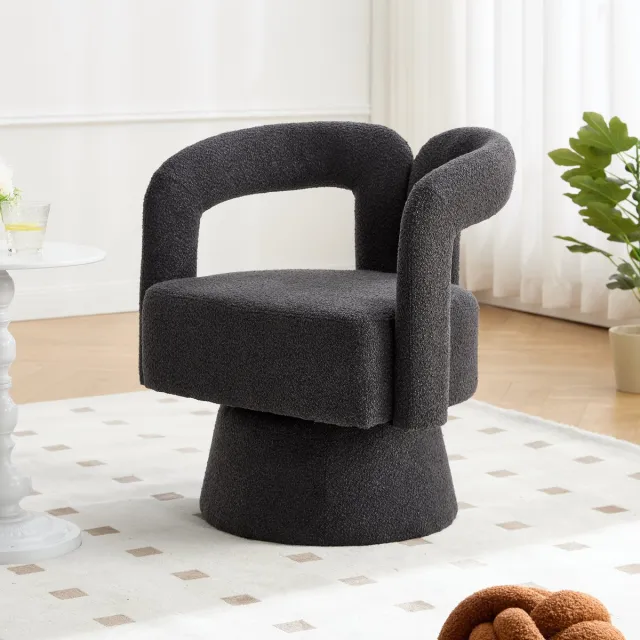 DESMIU Fauteuil 67 X 55 X 74 Cm - 360 Graden Draaibaar Met Brede Gewatteerde Zitting - Voor Woonkamer En Slaapkamer - Bouclé Stof - Donkergrijs