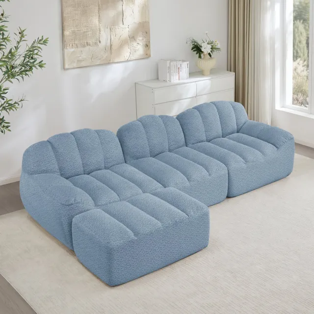 STILVORA Hoekbank 3-Zits - Modulair Met Ottoman En Diepe Zitting - Voor Woonkamer En Appartement - Corduroy - Blauw