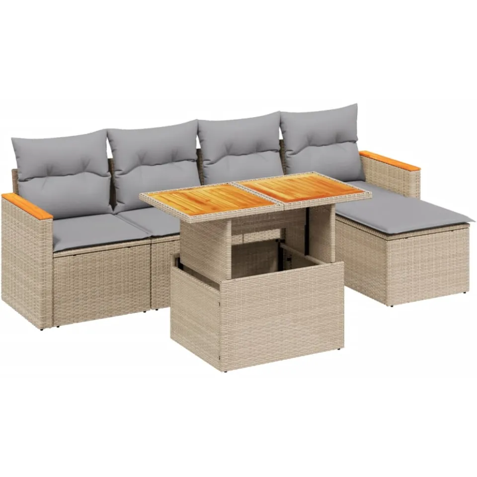 vidaXL 6-delige Loungeset met kussens poly rattan beige