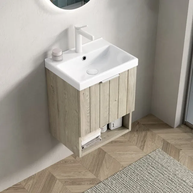 FloraGrace Badkamerkast – Wandgemonteerde Wastafelmeubel Met Keramische Waskom – Voor Kleine Badkamer – Houtkleur En Wit – 42 Cm