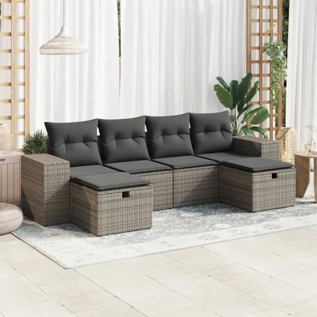 vidaXL 6-delige Loungeset met kussens poly rattan grijs, foto 2