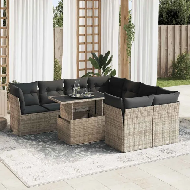 vidaXL 9-delige Loungeset met kussens poly rattan grijs, foto 2