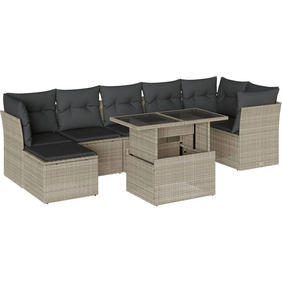 vidaXL 8-delige Loungeset met kussens poly rattan lichtgrijs grijs