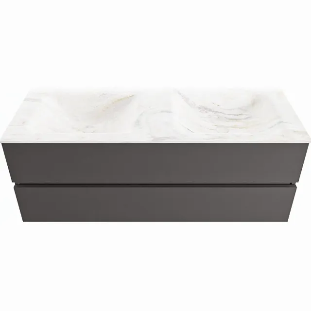 Mondiaz VICA-DLUX 130cm badmeubel onderkast Dark grey 2 lades. Inbouw wastafel CLOUD dubbel zonder kraangat, kleur Ostra.