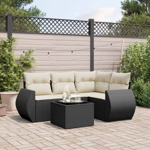 vidaXL 5-delige Loungeset met kussens poly rattan zwart, foto 2