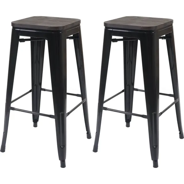 MCW Set van 2 barkrukken MCW-A73 incl. houten zitting, barkruk tegenkruk, metaal industrieel ontwerp stapelbaar ~ zwart
