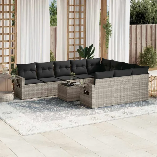 vidaXL 11-delige Loungeset met kussens poly rattan lichtgrijs grijs, foto 2