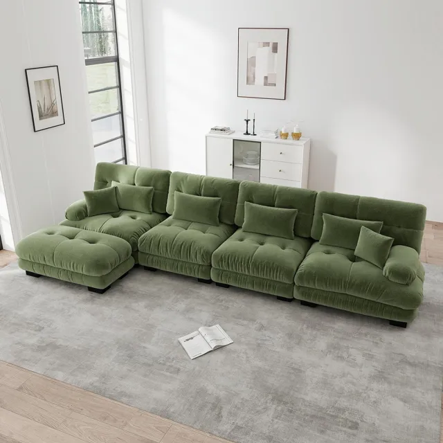 KOMHTOM Modulaire hoekbank, L-vormige bankstel voor de woonkamer, Comfortabele Cloud-bank voor 4 personen met verplaatsbare chaise longue, DIY-combinatie, Chenille, Groen