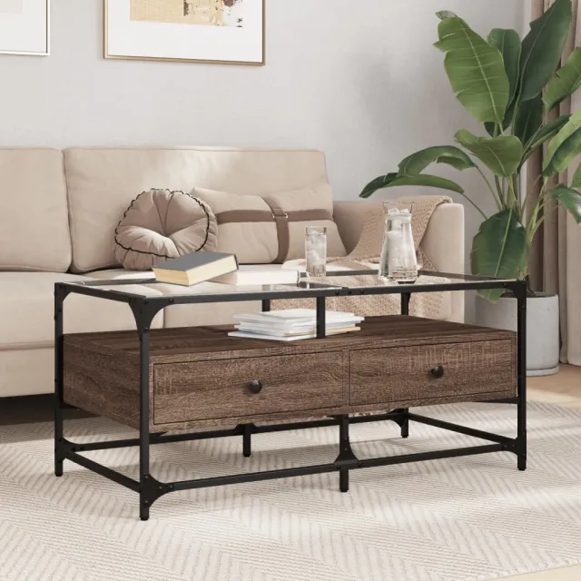vidaXL Salontafel met glazen blad 98,5x50x45 cm sonoma eiken staal, foto 2