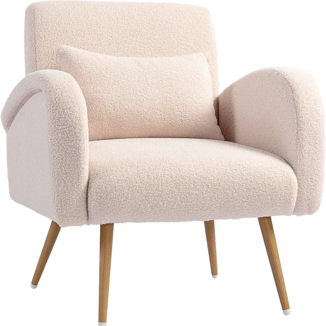 Lunpog Dik Gestoffeerde Relaxstoel met Bouclé Bekleding - Loungestoel met Armleuningen en Ergonomische Rugleuning - Relax Stoel voor Woonkamer - Beige / Crème Beige/crèmekleurig