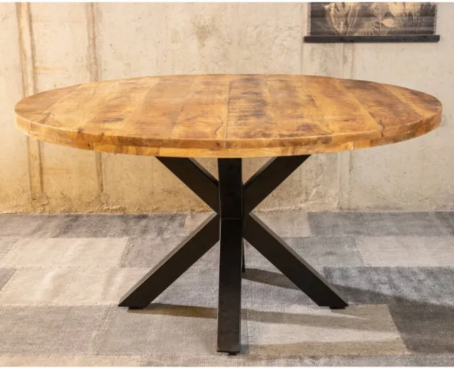 Meubelplaats Ronde Mango Eettafel Spider 120x120x77 cm - 5 cm dik blad - industrieel Design - Extra dik blad - Massief Mangohout Bruin