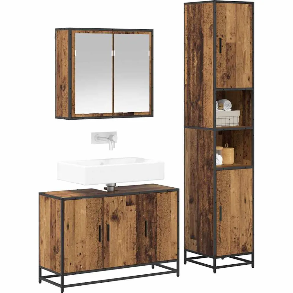 vidaXL Badkamermeubelset 3 st Oud Hout 90 x 33 x 60 cm Bewerkt hout Bruin