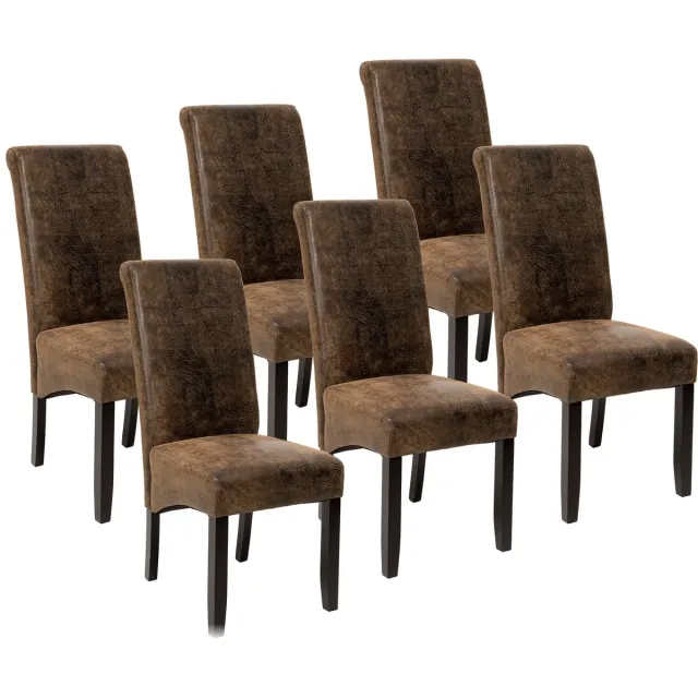 Tectake Eetkamerstoel - Comfortabele kunstleren stoel met hoge rugleuning - Keukenstoel voor keukentafel - Gestoffeerde keukenstoel - Diverse kleuren en sets - Maximale belasting 120 kg - Afmeting (LxBxH) 44 x 63 x 106 cm - Set van 6 - Antiek bruin