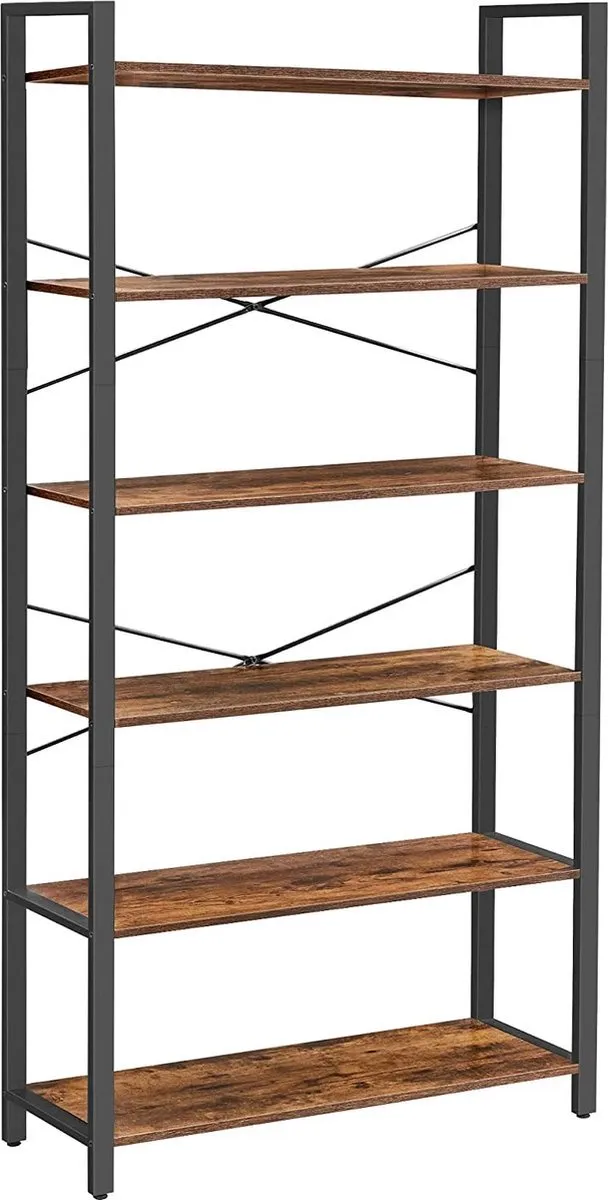 Hoppa! 6 niveaus boekenkast opbergrek stalen frame voor woonkamer studeerkamer kantoor hal 80 x 30 x 186 cm vintage bruin Zwart