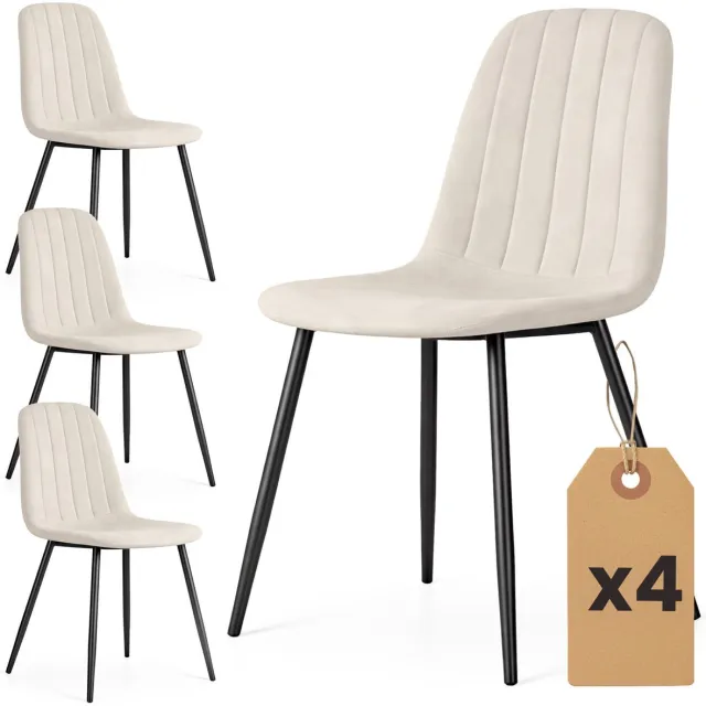 Akord Set van 4 Eetkamerstoelen LUMO / Gestoffeerde Stoelen / Fluwelen Stoelen en Metalen Poten / Beige met zwarte benen