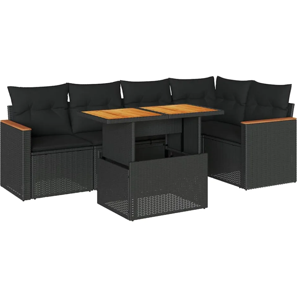 vidaXL 6-delige Loungeset met kussens poly rattan acacia zwart, foto 3