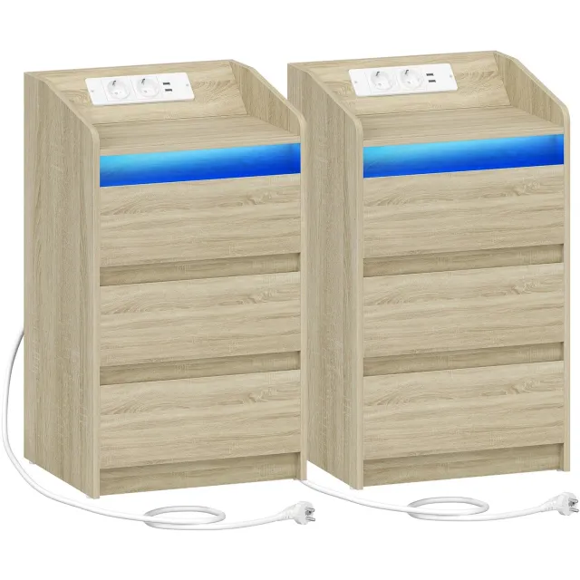 Gudalio Nachtkastje - Set van 2 - Kast - Bijzettafel - Nachttafel - LED - Oplaadstation - USB - 3 Lades - 40 x 68 x 35 cm - Wit