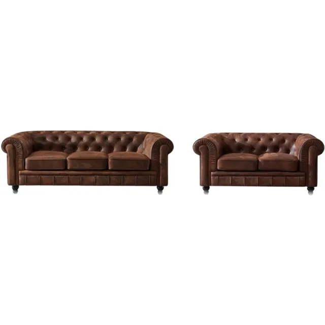 Meubeldistrict Chesterfield Banken Set - 2 & 3 Zits - Vintage Bruin - Suede leder