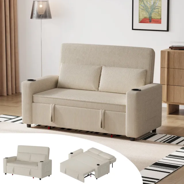 Devoko uitschuifbare slaapbank 160 x 93 x 86 cm - extra dik kussen met verenpakket, ruim en comfortabel - Beige
