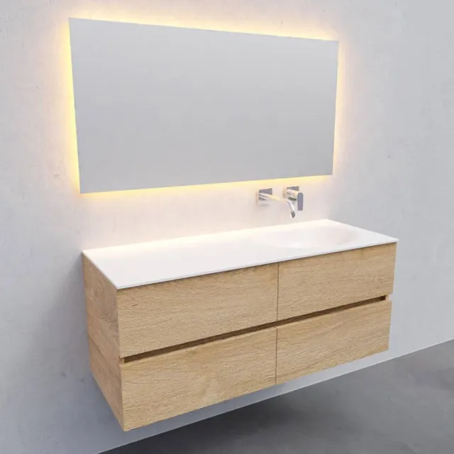 Badkamermeubel Solid Surface AQS Stockholm 120x46 cm Rechts Wood Washed Oak 4 Laden Boss & Wessing