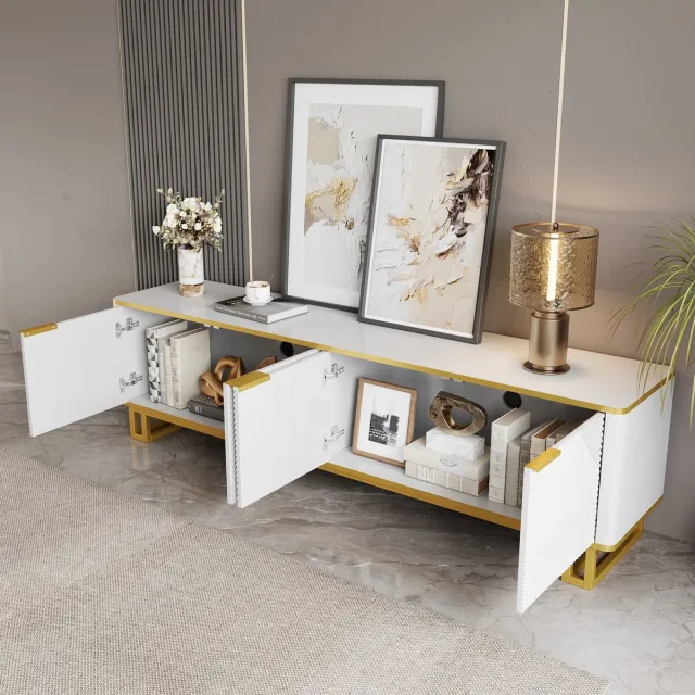 MIVRAY Televisiekast - Geometrisch Reliëf Met Vier Deuren En Kabeldoorvoer - Ruime Opbergruimte Voor Woonkamer - MDF - Wit - 160x37,5x48 Cm