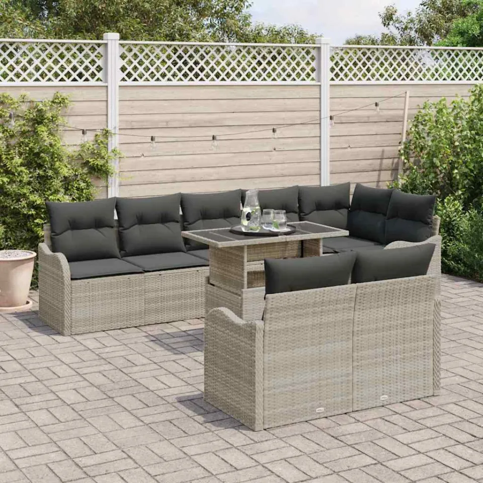 vidaXL Loungebankset 9 st Lichtgrijs Poly riet, foto 3