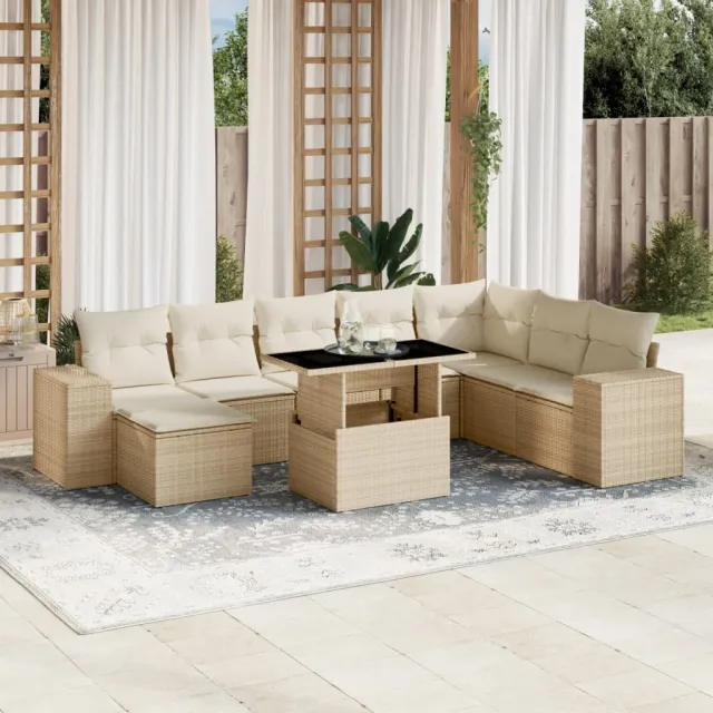 vidaXL 9-delige Loungeset met kussens poly rattan beige, foto 2