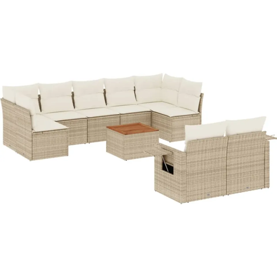 vidaXL 10-delige Loungeset met kussens poly rattan beige, foto 3
