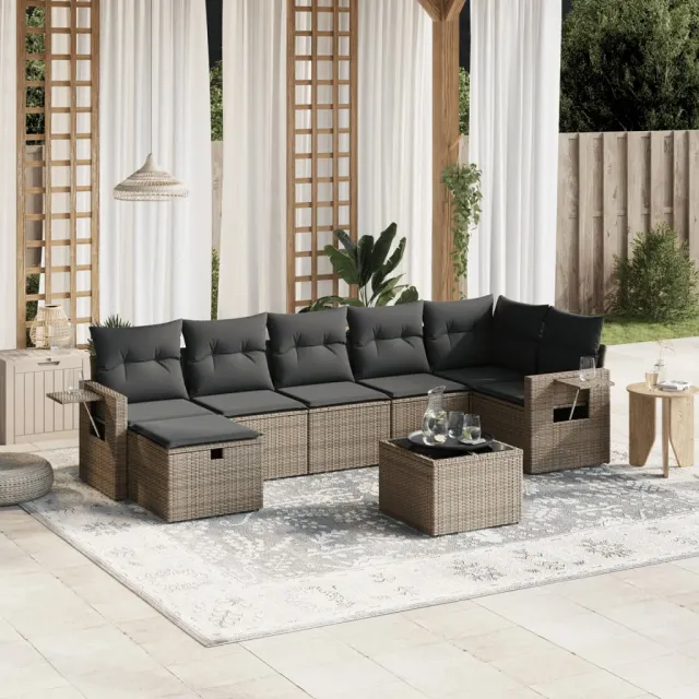 vidaXL 8-delige Loungeset met kussens poly rattan grijs, foto 2