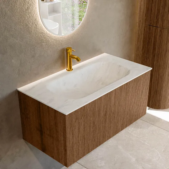 Mondiaz KURVE-DLUX 90 cm Onderkast Greeploos 1 Lade Zonder Deuren Walnut, Wastafel Solid Surface Midden Opalo 1 Kraangat Zonder Spiegel (KRVBGS901L0D1KM-Wal/Opa)